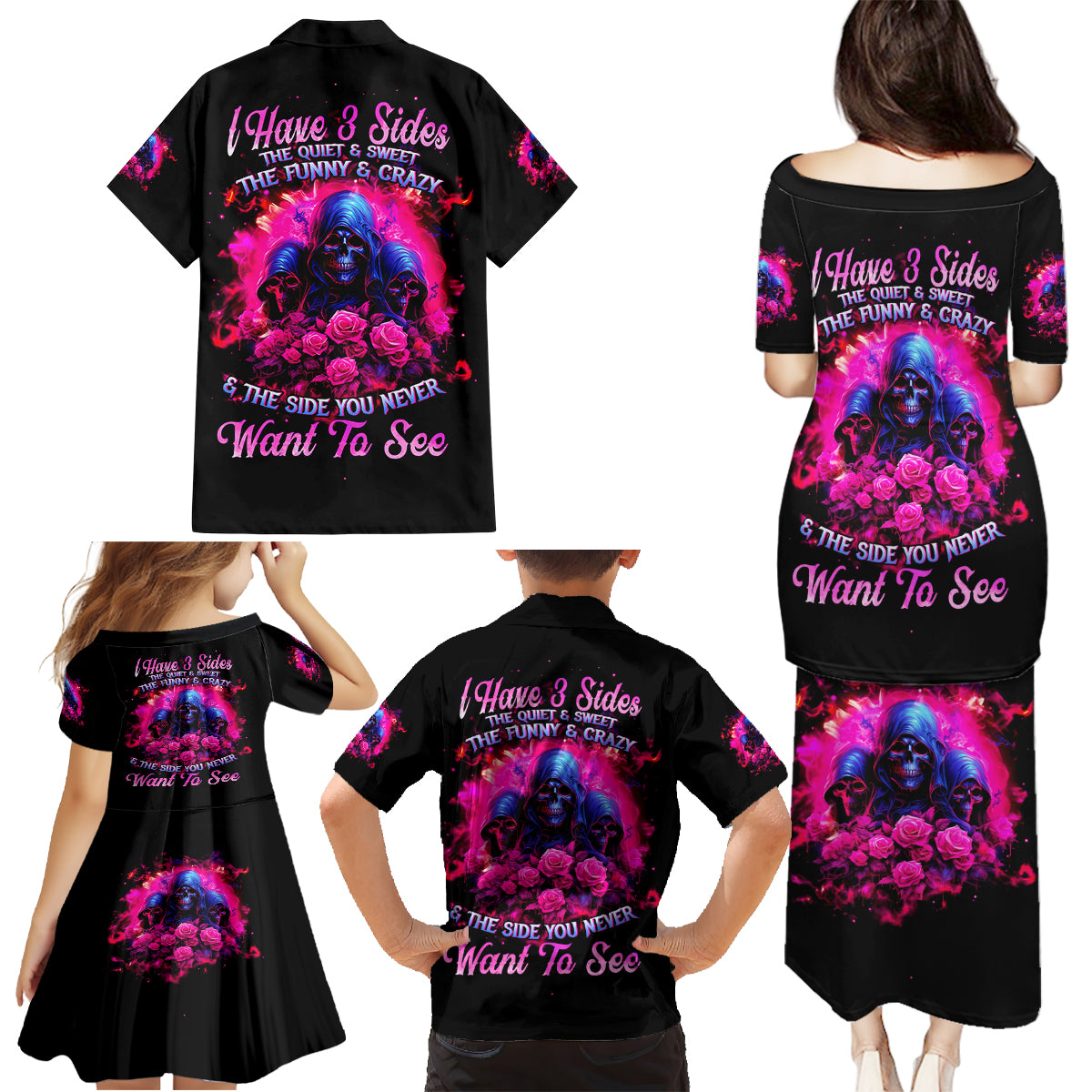 Rose Skull Family Matching Puletasi and Hawaiian Shirt I Have 3 Sides And You Never Want To See - Wonder Print Shop