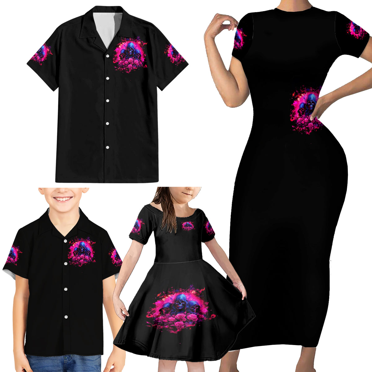 Rose Skull Family Matching Short Sleeve Bodycon Dress and Hawaiian Shirt I Have 3 Sides And You Never Want To See - Wonder Print Shop