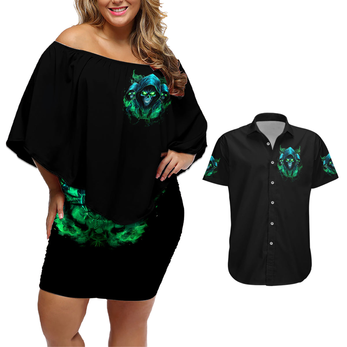 Flame Skull Couples Matching Off Shoulder Short Dress and Hawaiian Shirt I Don't Stop When I Tired I Stop When I Fucking Done - Wonder Print Shop