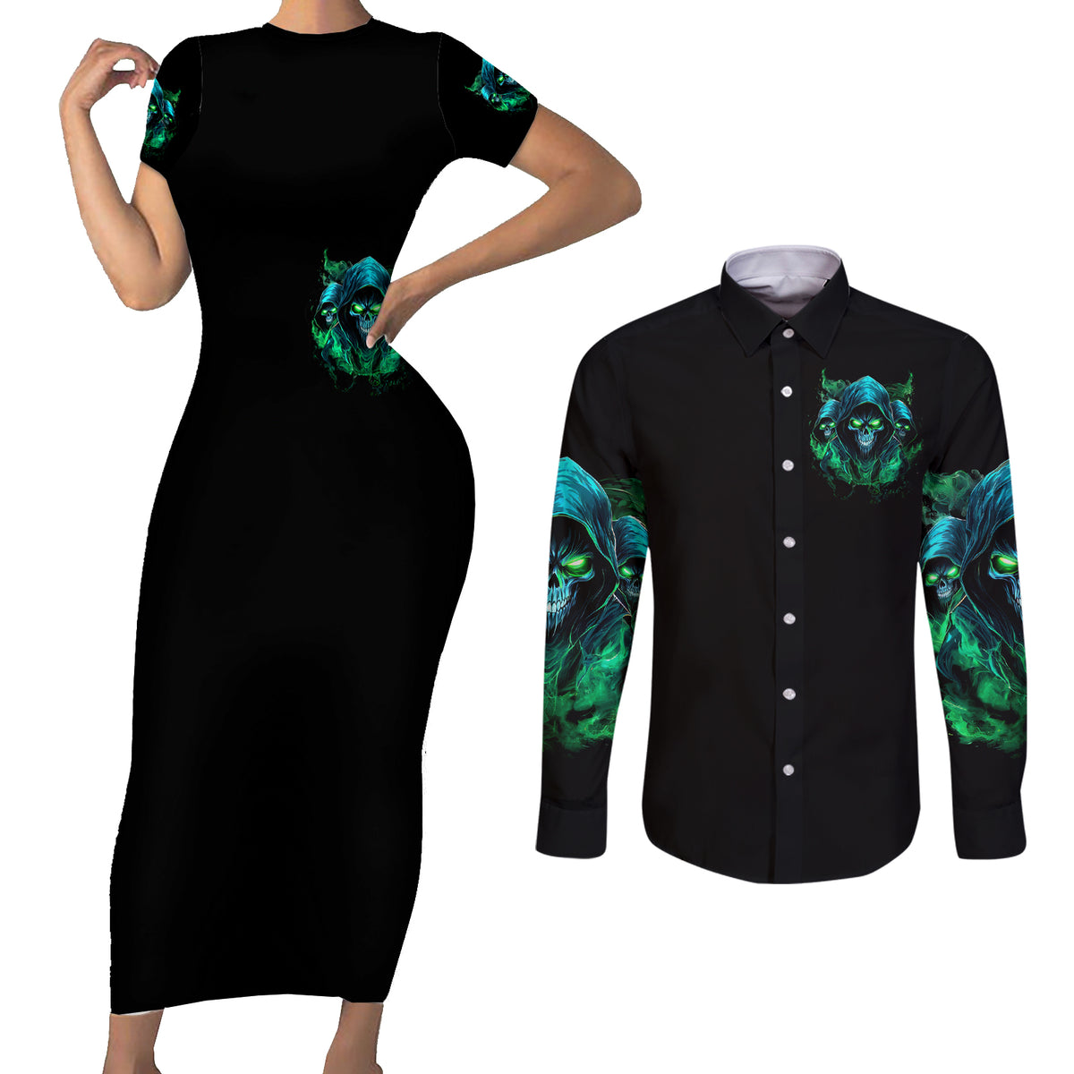 Flame Skull Couples Matching Short Sleeve Bodycon Dress and Long Sleeve Button Shirt I Don't Stop When I Tired I Stop When I Fucking Done - Wonder Print Shop