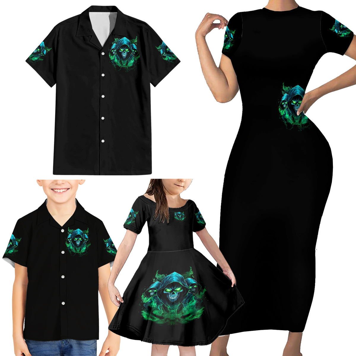 Flame Skull Family Matching Short Sleeve Bodycon Dress and Hawaiian Shirt I Don't Stop When I Tired I Stop When I Fucking Done - Wonder Print Shop