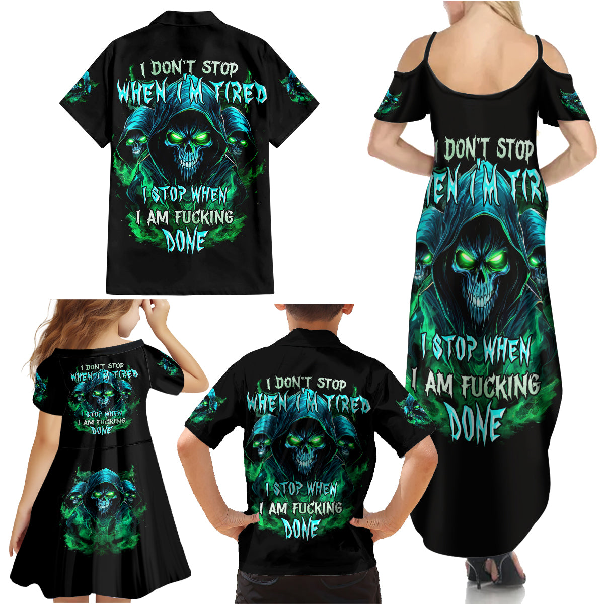 Flame Skull Family Matching Summer Maxi Dress and Hawaiian Shirt I Don't Stop When I Tired I Stop When I Fucking Done - Wonder Print Shop