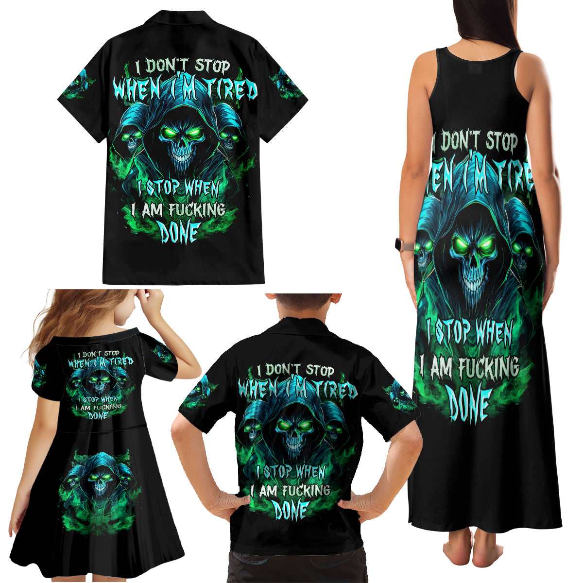 Flame Skull Family Matching Tank Maxi Dress and Hawaiian Shirt I Don't Stop When I Tired I Stop When I Fucking Done - Wonder Print Shop