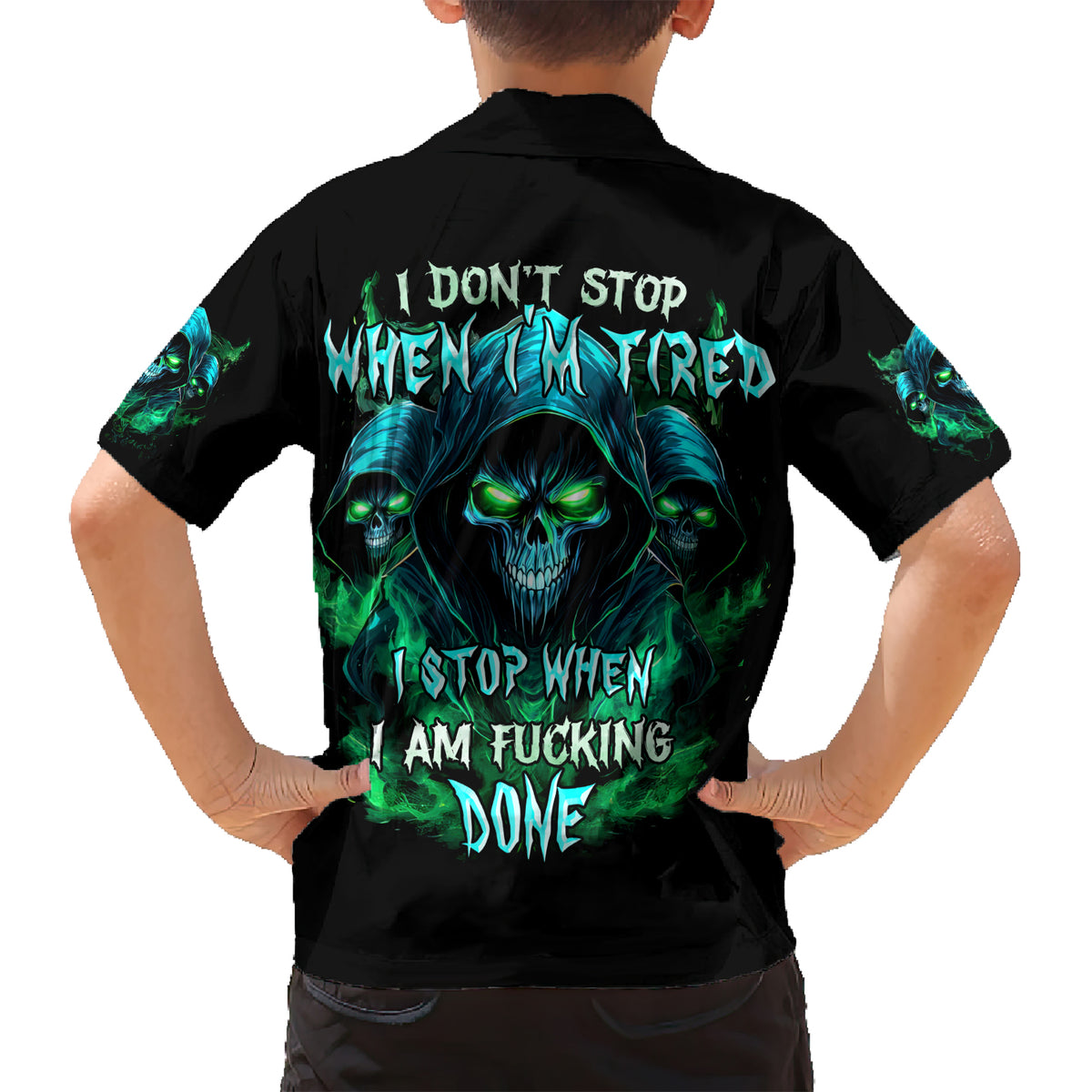 Flame Skull Kid Hawaiian Shirt I Don't Stop When I Tired I Stop When I Fucking Done - Wonder Print Shop