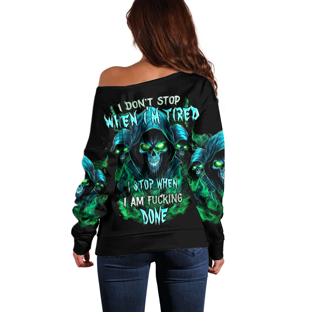 Flame Skull Off Shoulder Sweater I Don't Stop When I Tired I Stop When I Fucking Done - Wonder Print Shop