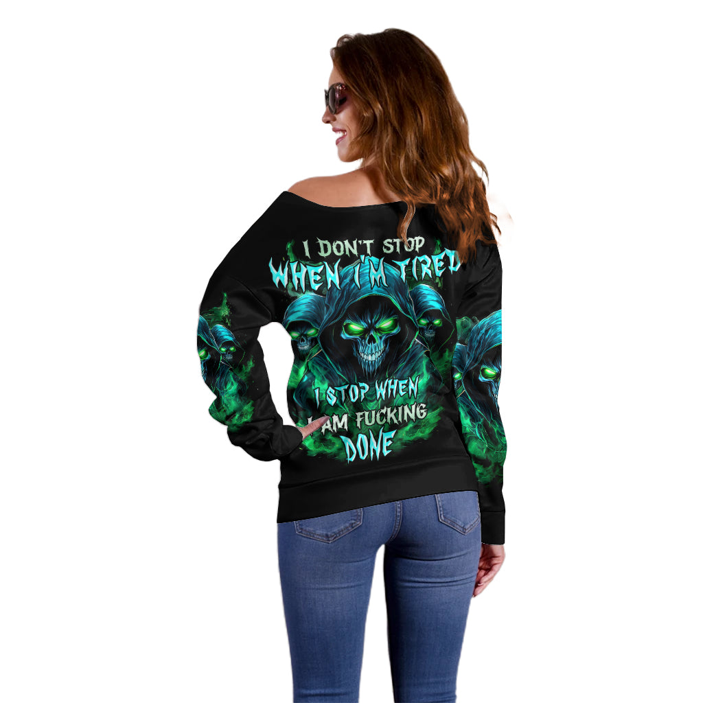 Flame Skull Off Shoulder Sweater I Don't Stop When I Tired I Stop When I Fucking Done - Wonder Print Shop