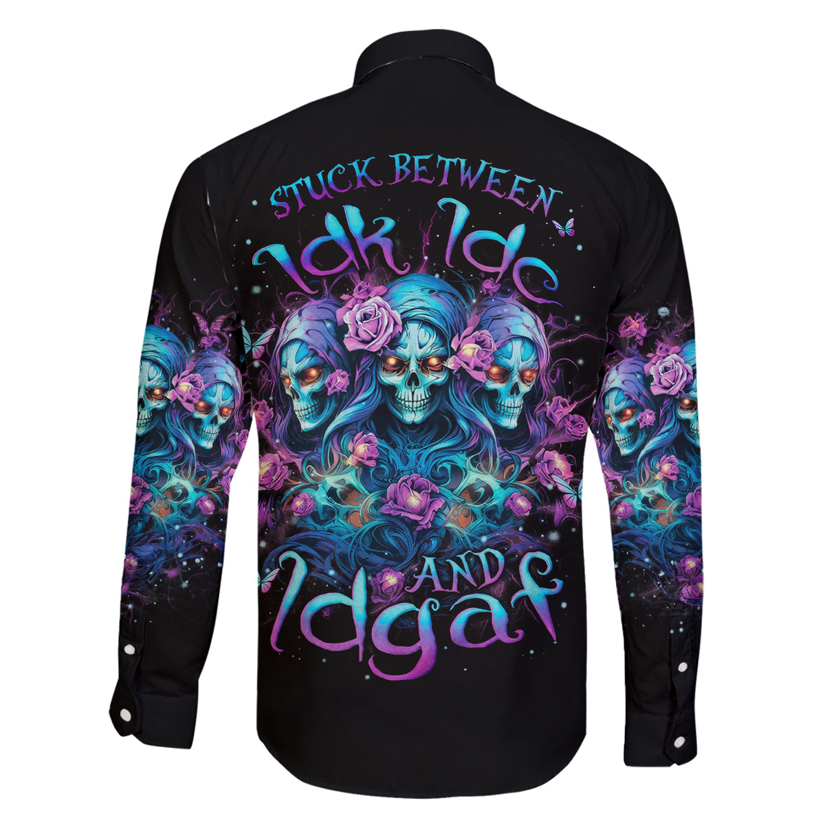 Rose Skull Family Matching Long Sleeve Bodycon Dress and Hawaiian Shirt Stuck Between IDK IDC And IDGAF - Wonder Print Shop