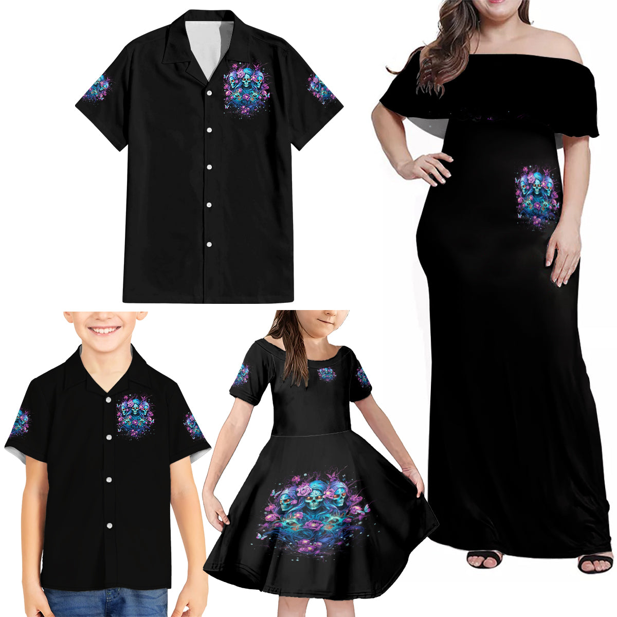 Rose Skull Family Matching Off Shoulder Maxi Dress and Hawaiian Shirt Stuck Between IDK IDC And IDGAF - Wonder Print Shop