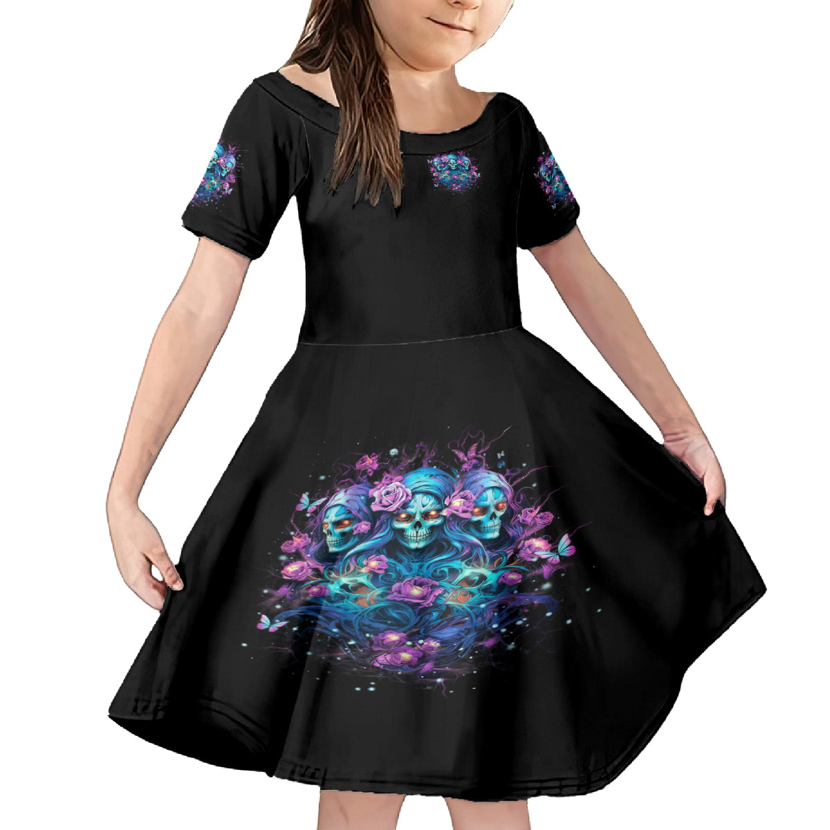 Rose Skull Kid Short Sleeve Dress Stuck Between IDK IDC And IDGAF - Wonder Print Shop