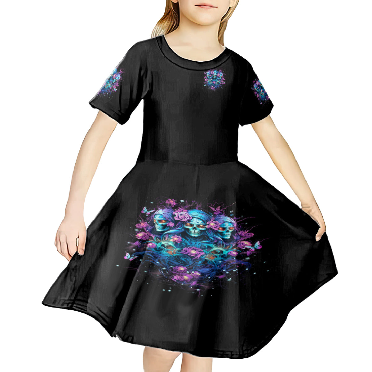 Rose Skull Kid Short Sleeve Dress Stuck Between IDK IDC And IDGAF - Wonder Print Shop