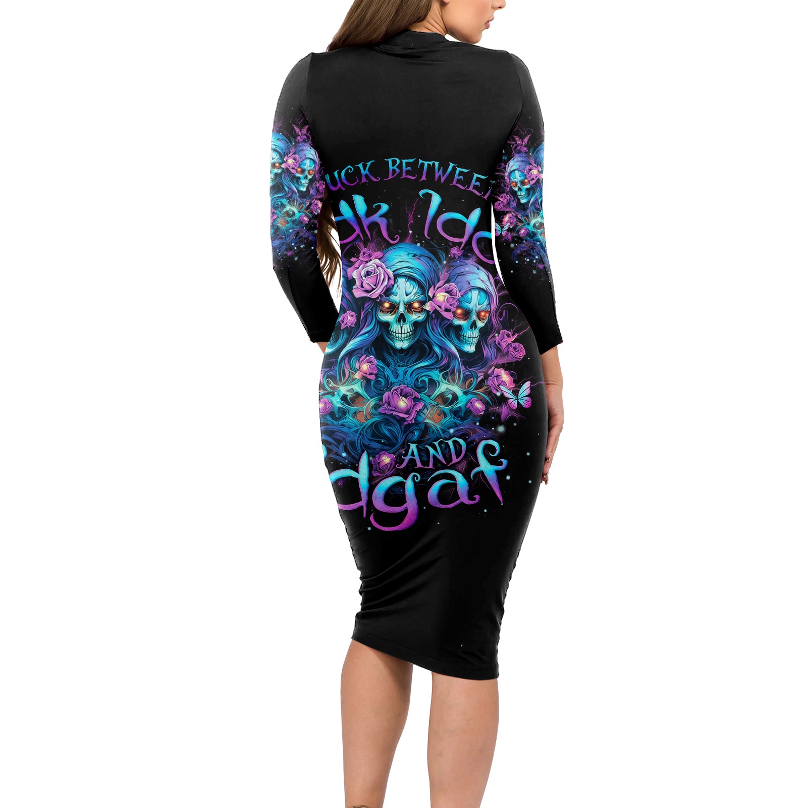 Rose Skull Long Sleeve Bodycon Dress Stuck Between IDK IDC And IDGAF - Wonder Print Shop