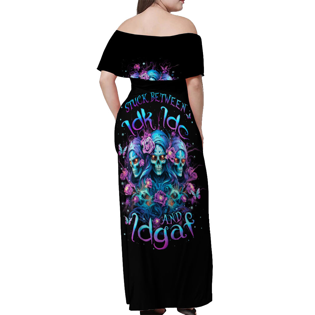 Rose Skull Off Shoulder Maxi Dress Stuck Between IDK IDC And IDGAF - Wonder Print Shop