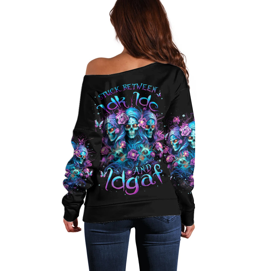 Rose Skull Off Shoulder Sweater Stuck Between IDK IDC And IDGAF - Wonder Print Shop