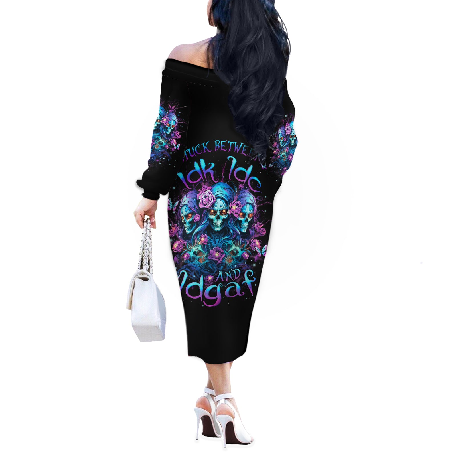 Rose Skull Off The Shoulder Long Sleeve Dress Stuck Between IDK IDC And IDGAF - Wonder Print Shop