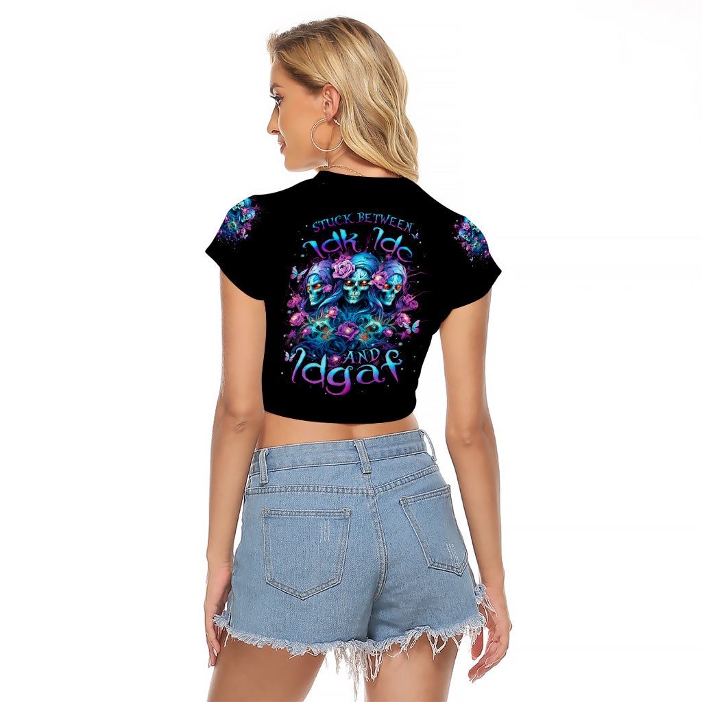 Rose Skull Raglan Cropped T Shirt Stuck Between IDK IDC And IDGAF - Wonder Print Shop