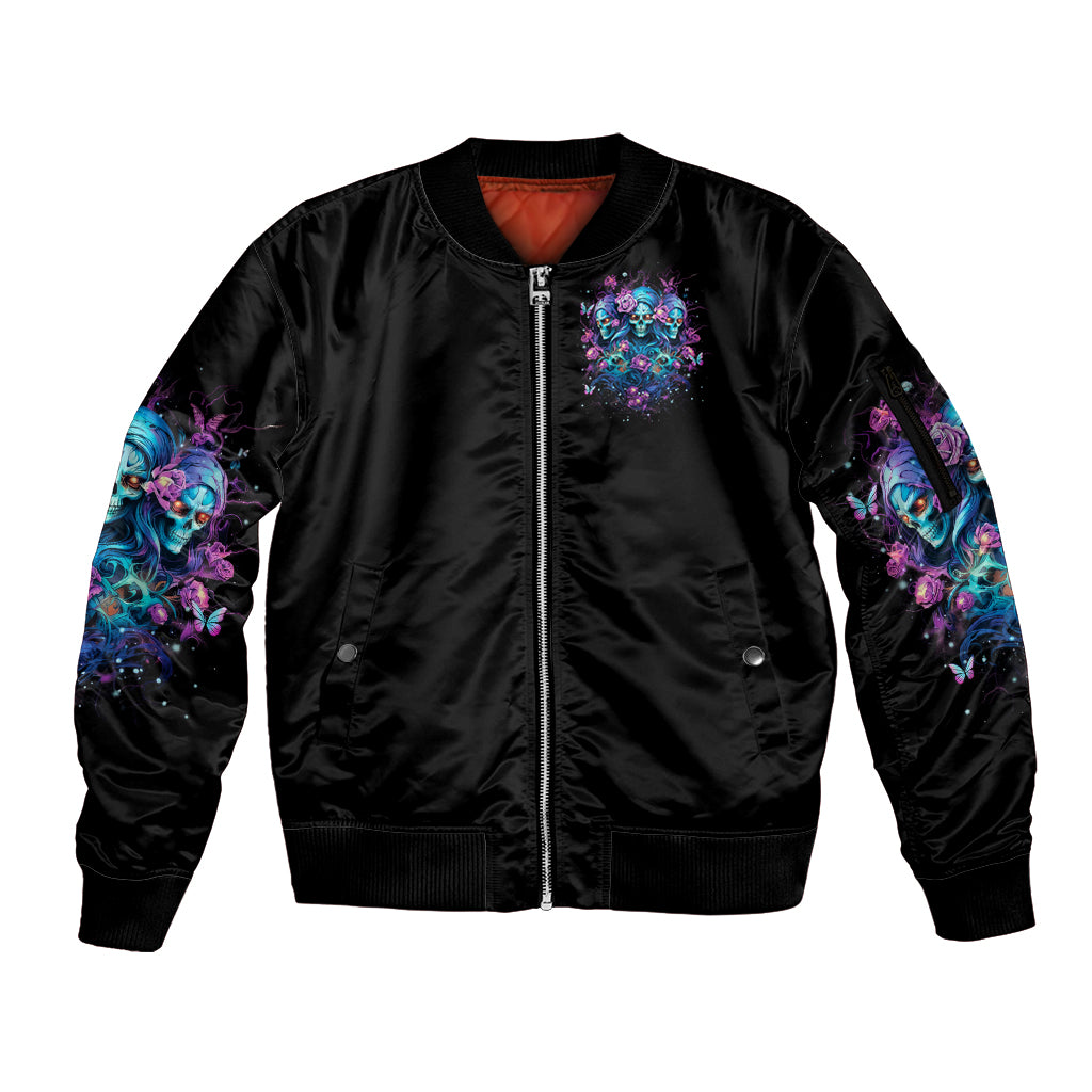 Rose Skull Sleeve Zip Bomber Jacket Stuck Between IDK IDC And IDGAF - Wonder Print Shop