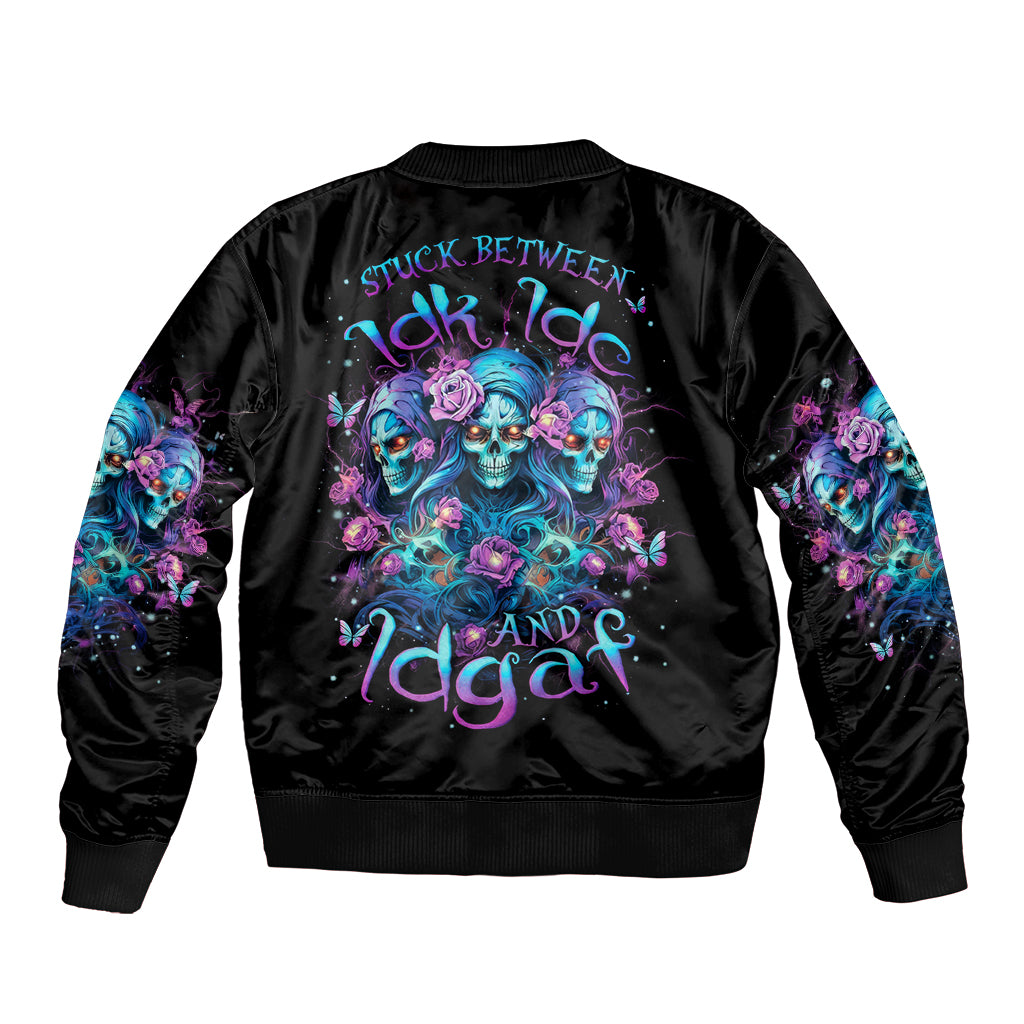 Rose Skull Sleeve Zip Bomber Jacket Stuck Between IDK IDC And IDGAF - Wonder Print Shop