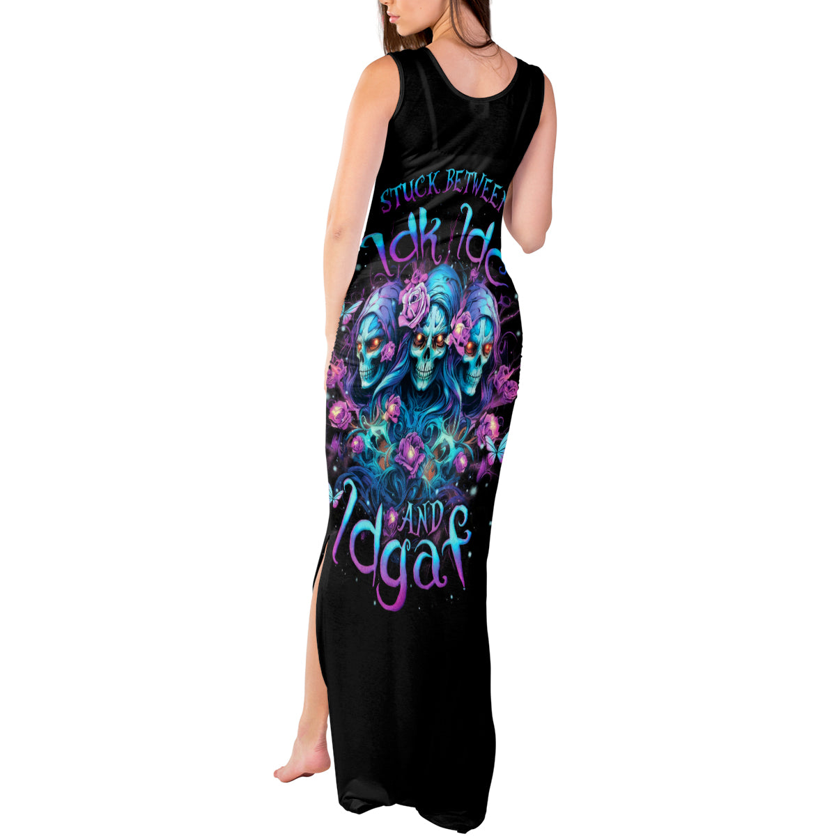 Rose Skull Tank Maxi Dress Stuck Between IDK IDC And IDGAF - Wonder Print Shop