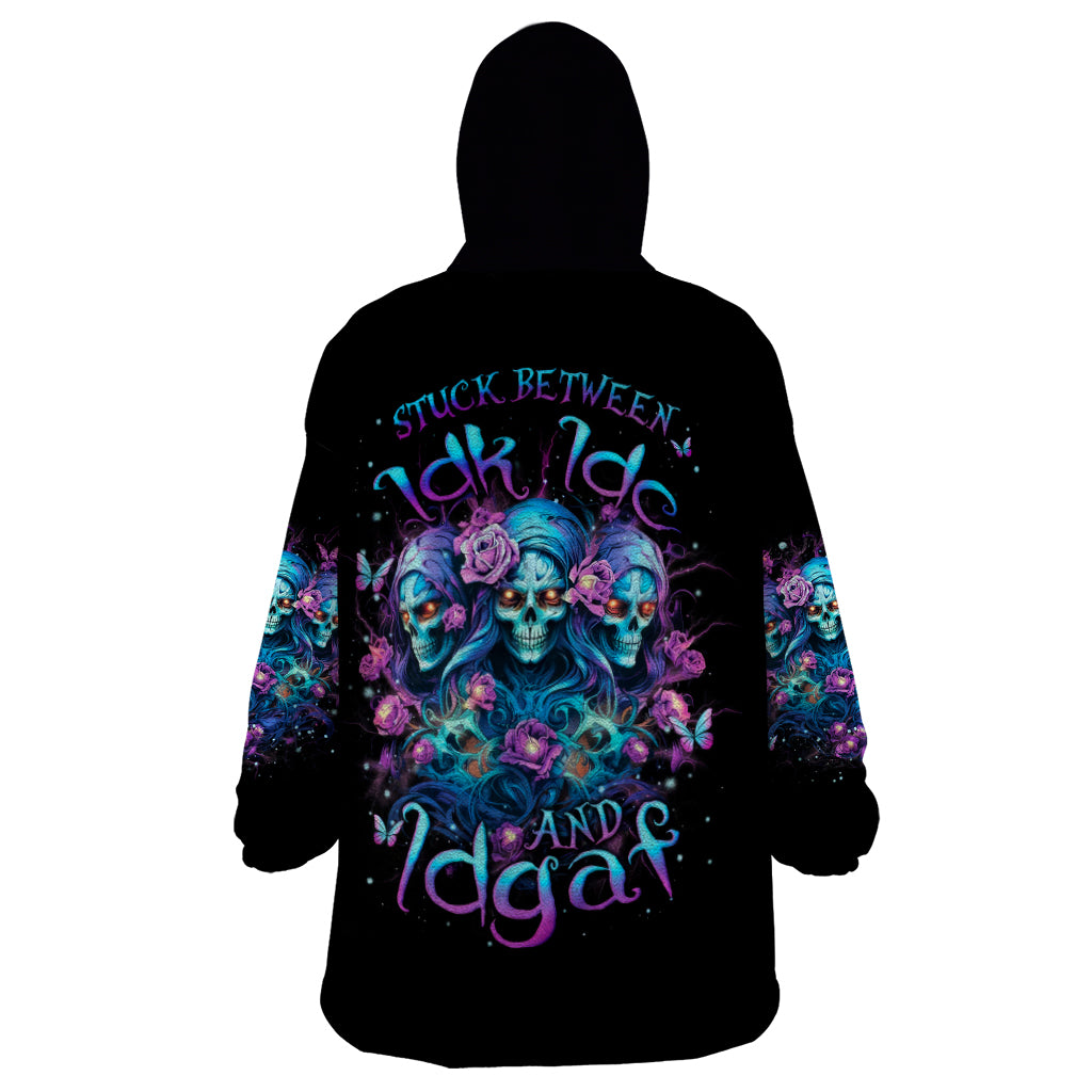 Rose Skull Wearable Blanket Hoodie Stuck Between IDK IDC And IDGAF - Wonder Print Shop