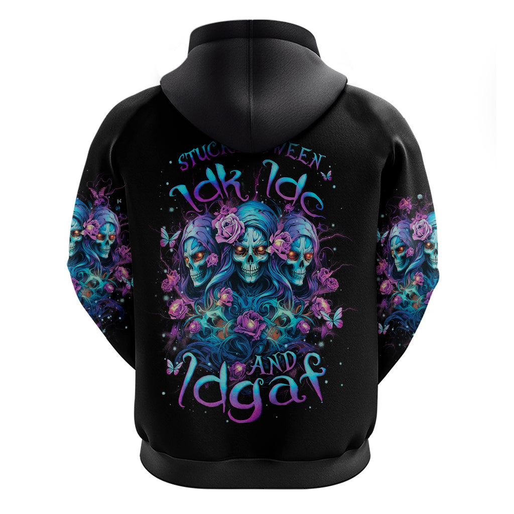 Rose Skull Zip Hoodie Stuck Between IDK IDC And IDGAF - Wonder Print Shop