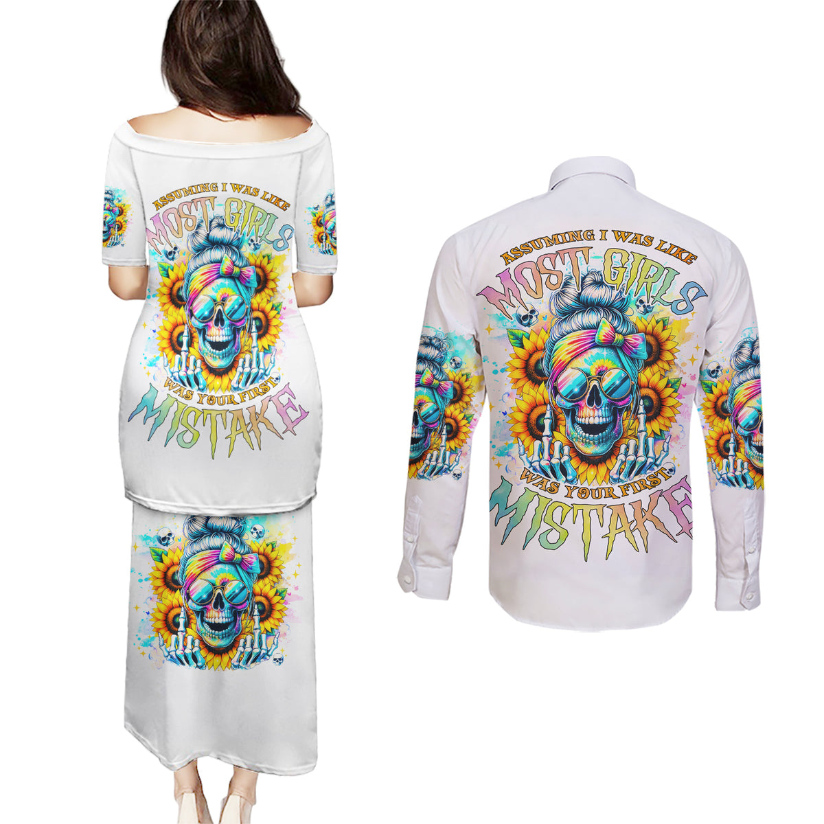 Skull Girl Couples Matching Puletasi and Long Sleeve Button Shirt Assuming I Was Like Most Girls Was Your First Mistake - Wonder Print Shop