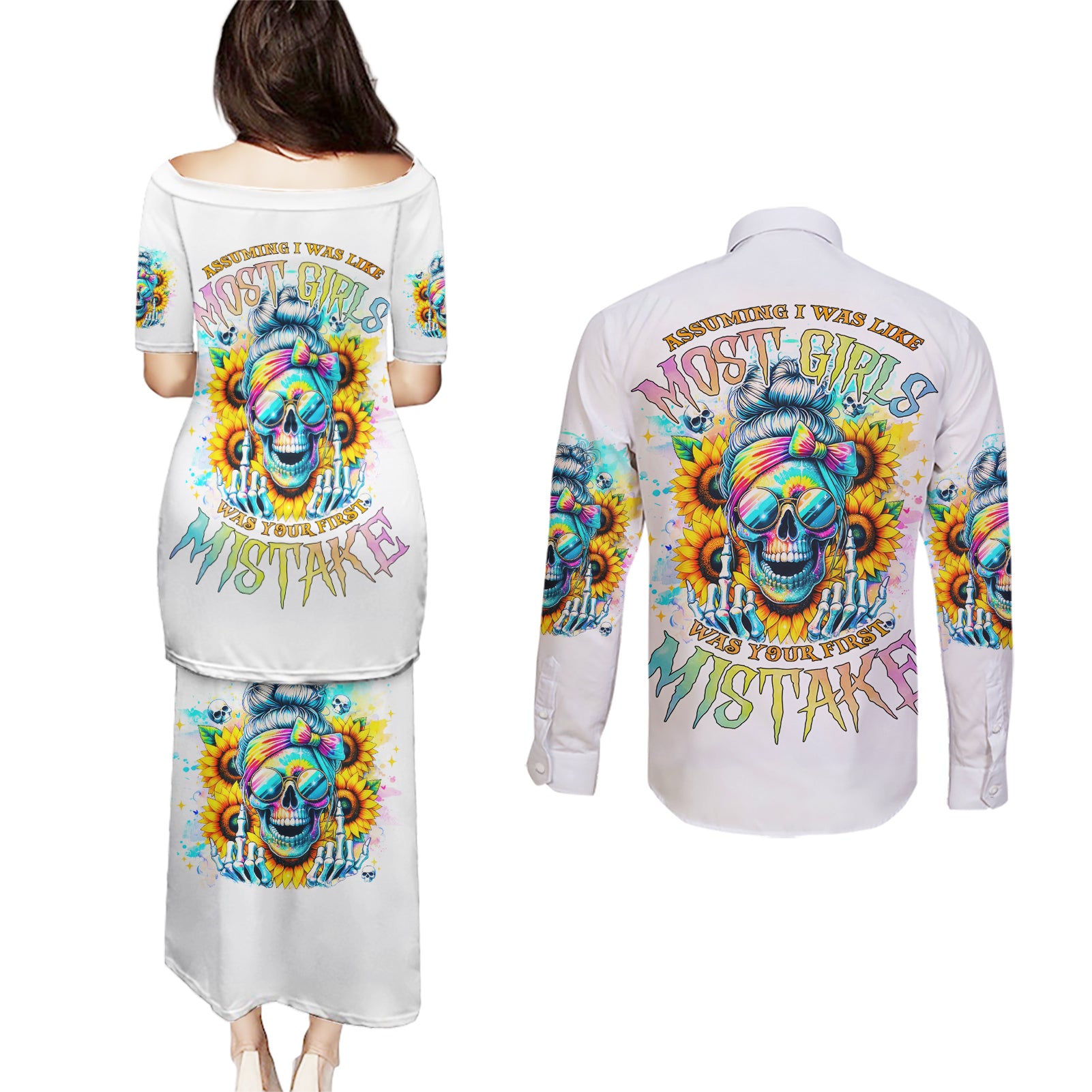 Skull Girl Couples Matching Puletasi and Long Sleeve Button Shirt Assuming I Was Like Most Girls Was Your First Mistake - Wonder Print Shop