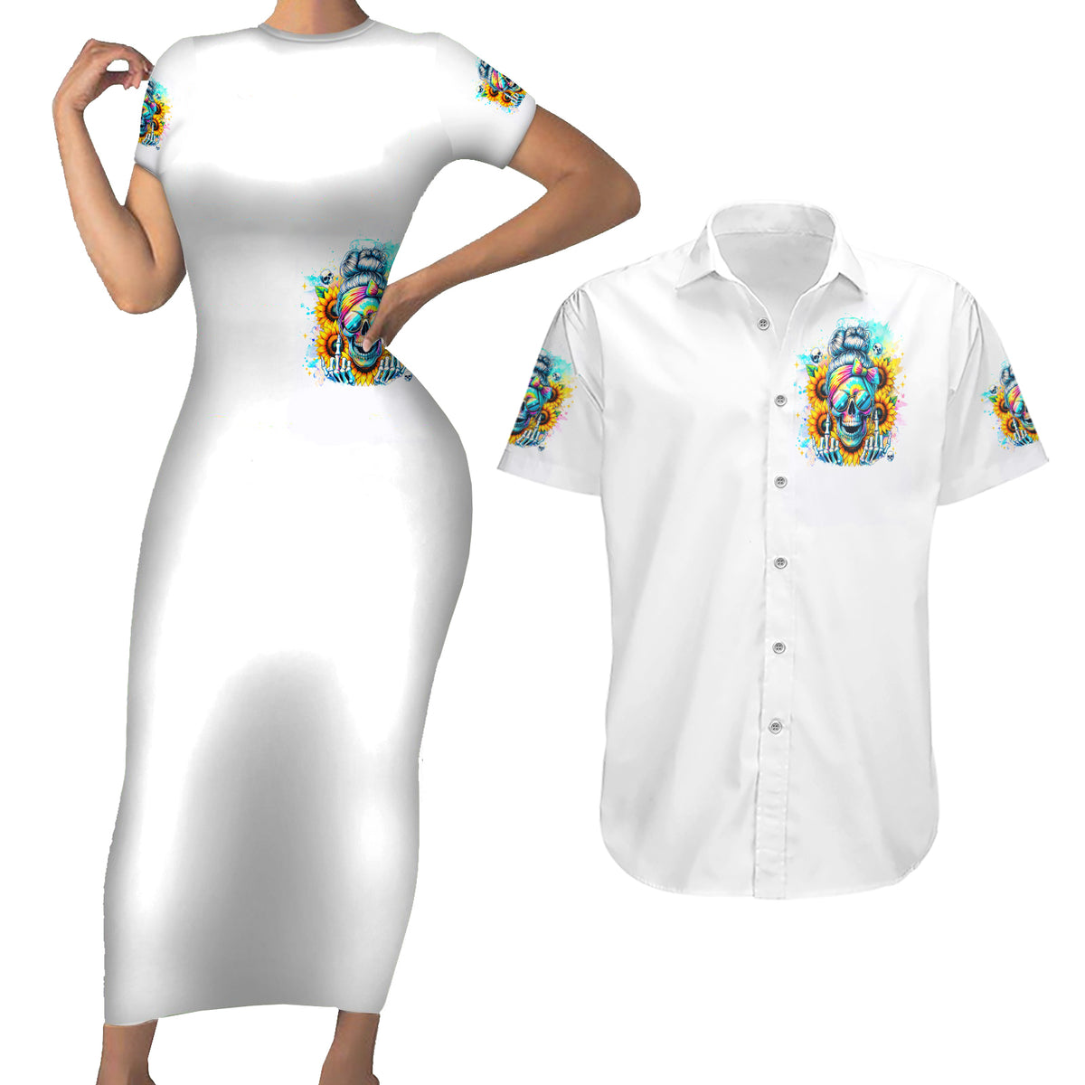 Skull Girl Couples Matching Short Sleeve Bodycon Dress and Hawaiian Shirt Assuming I Was Like Most Girls Was Your First Mistake - Wonder Print Shop