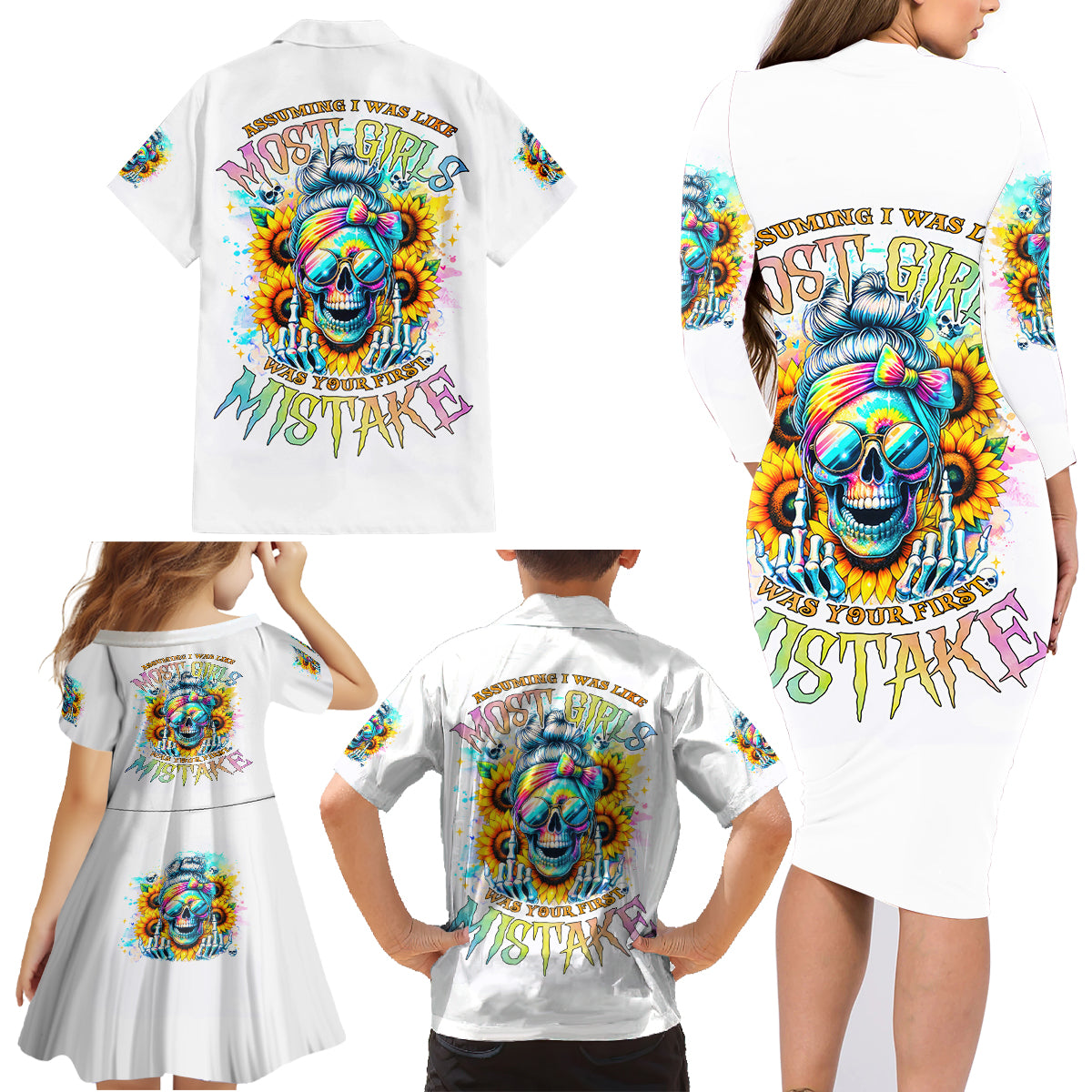 Skull Girl Family Matching Long Sleeve Bodycon Dress and Hawaiian Shirt Assuming I Was Like Most Girls Was Your First Mistake - Wonder Print Shop