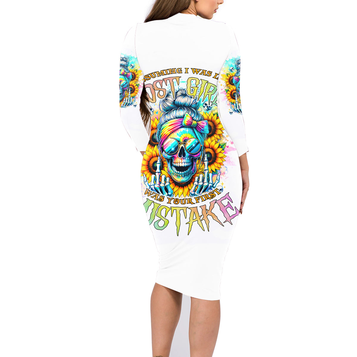 Skull Girl Family Matching Long Sleeve Bodycon Dress and Hawaiian Shirt Assuming I Was Like Most Girls Was Your First Mistake - Wonder Print Shop