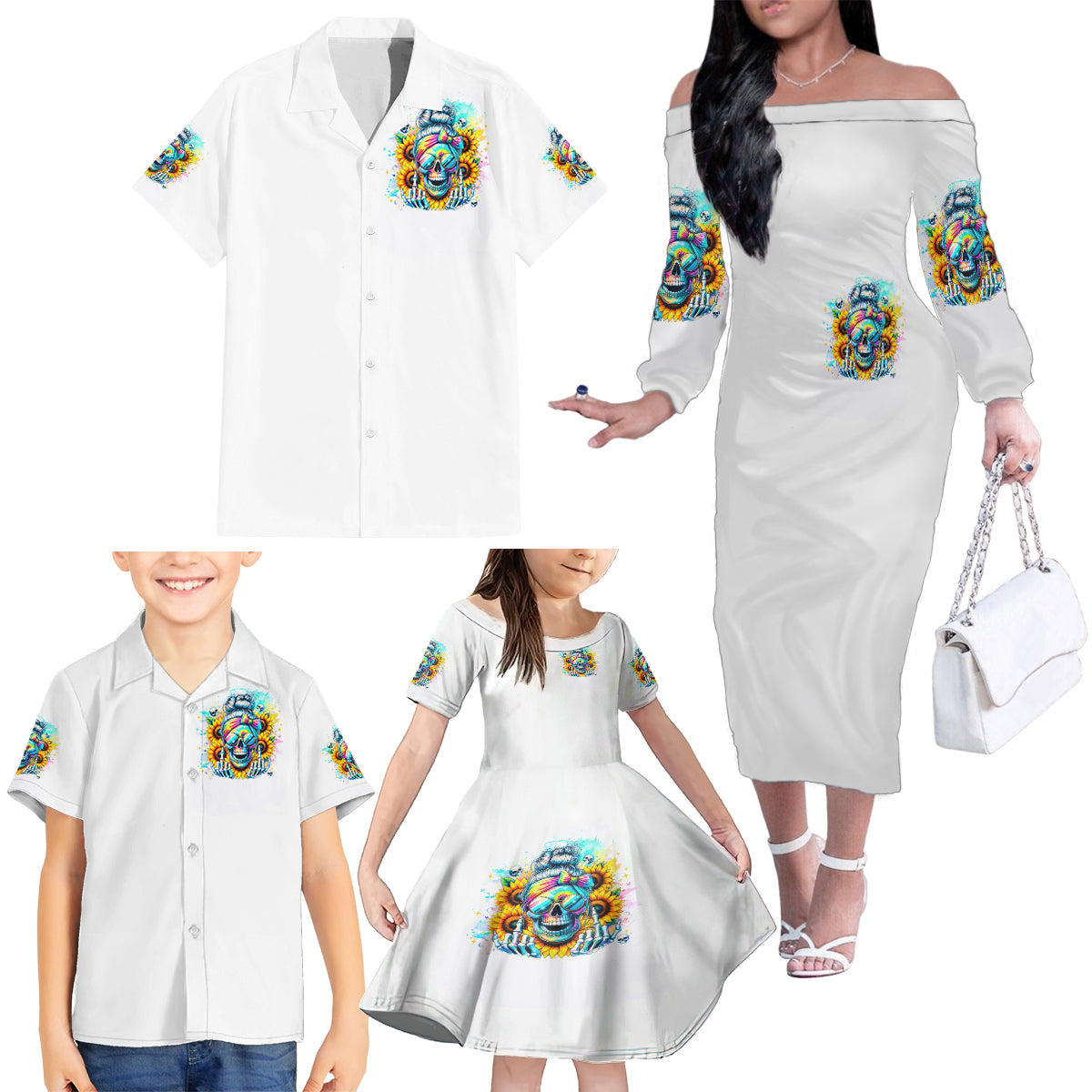 Skull Girl Family Matching Off Shoulder Long Sleeve Dress and Hawaiian Shirt Assuming I Was Like Most Girls Was Your First Mistake - Wonder Print Shop