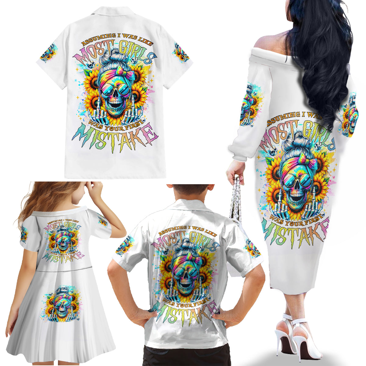 Skull Girl Family Matching Off Shoulder Long Sleeve Dress and Hawaiian Shirt Assuming I Was Like Most Girls Was Your First Mistake - Wonder Print Shop
