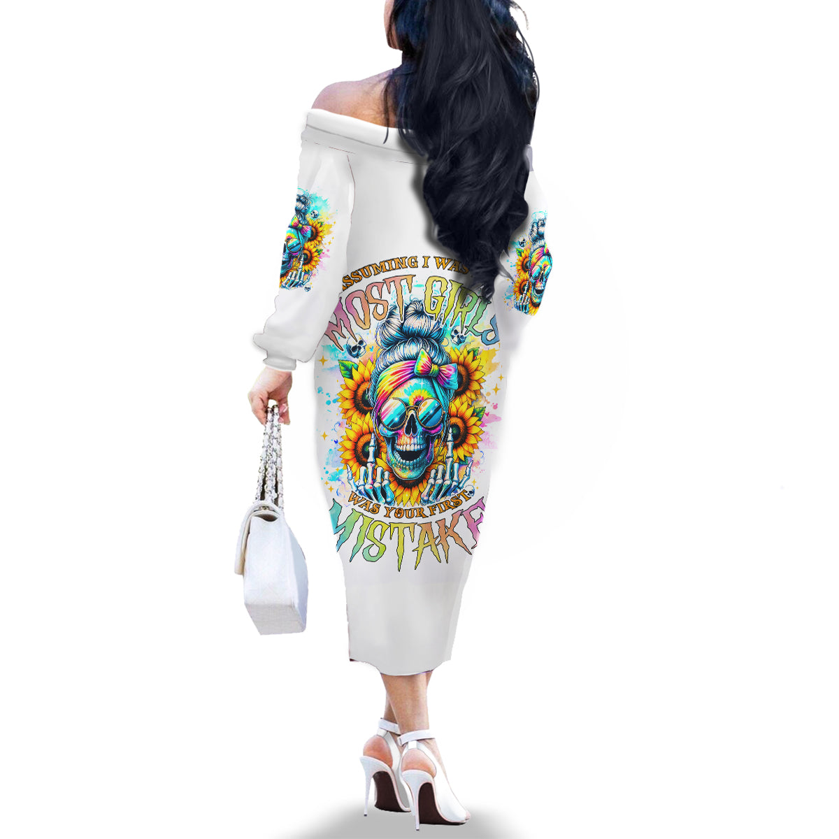 Skull Girl Family Matching Off Shoulder Long Sleeve Dress and Hawaiian Shirt Assuming I Was Like Most Girls Was Your First Mistake - Wonder Print Shop