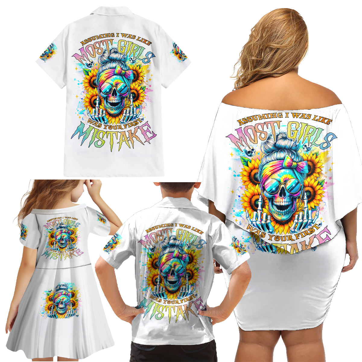 Skull Girl Family Matching Off Shoulder Short Dress and Hawaiian Shirt Assuming I Was Like Most Girls Was Your First Mistake - Wonder Print Shop