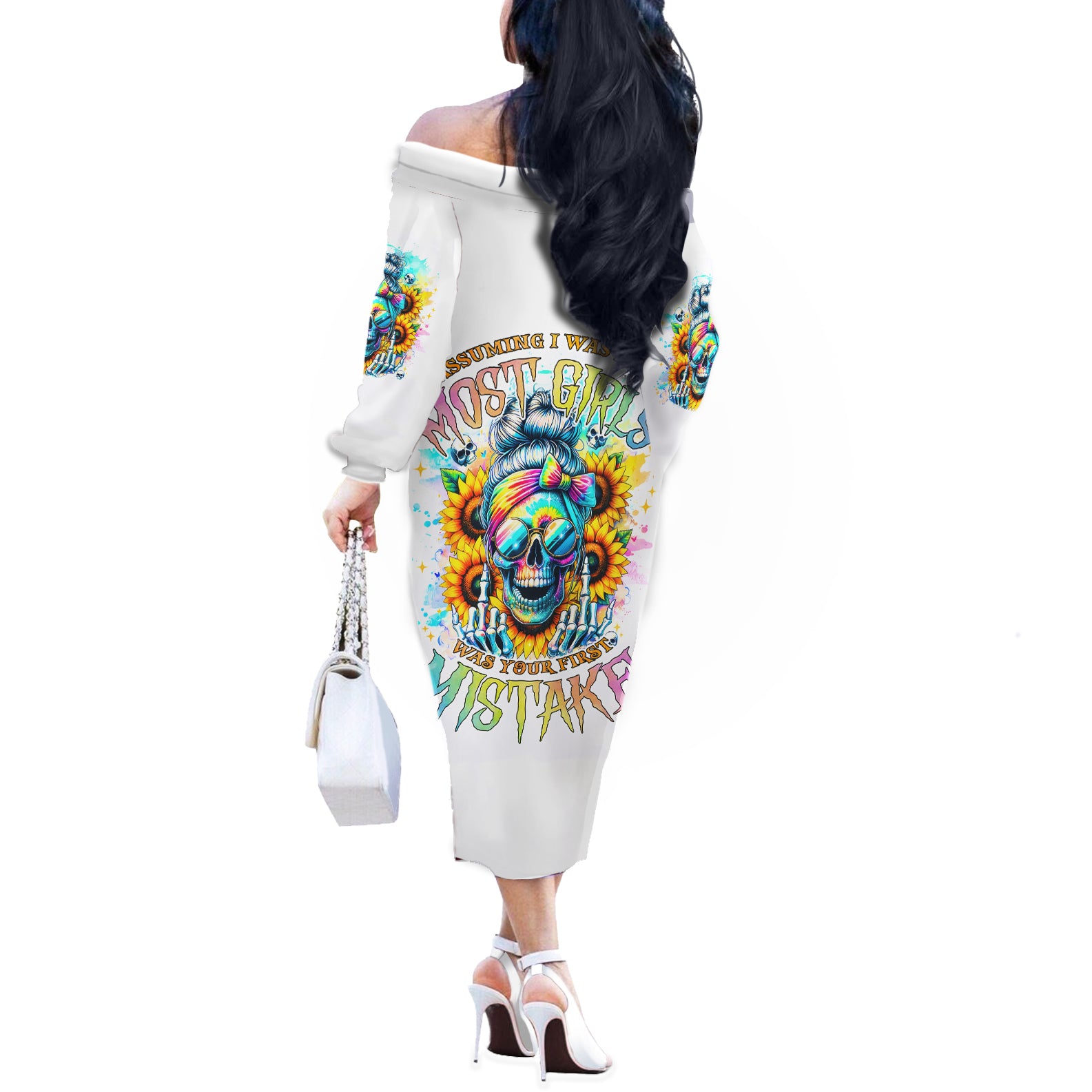 Skull Girl Off The Shoulder Long Sleeve Dress Assuming I Was Like Most Girls Was Your First Mistake - Wonder Print Shop