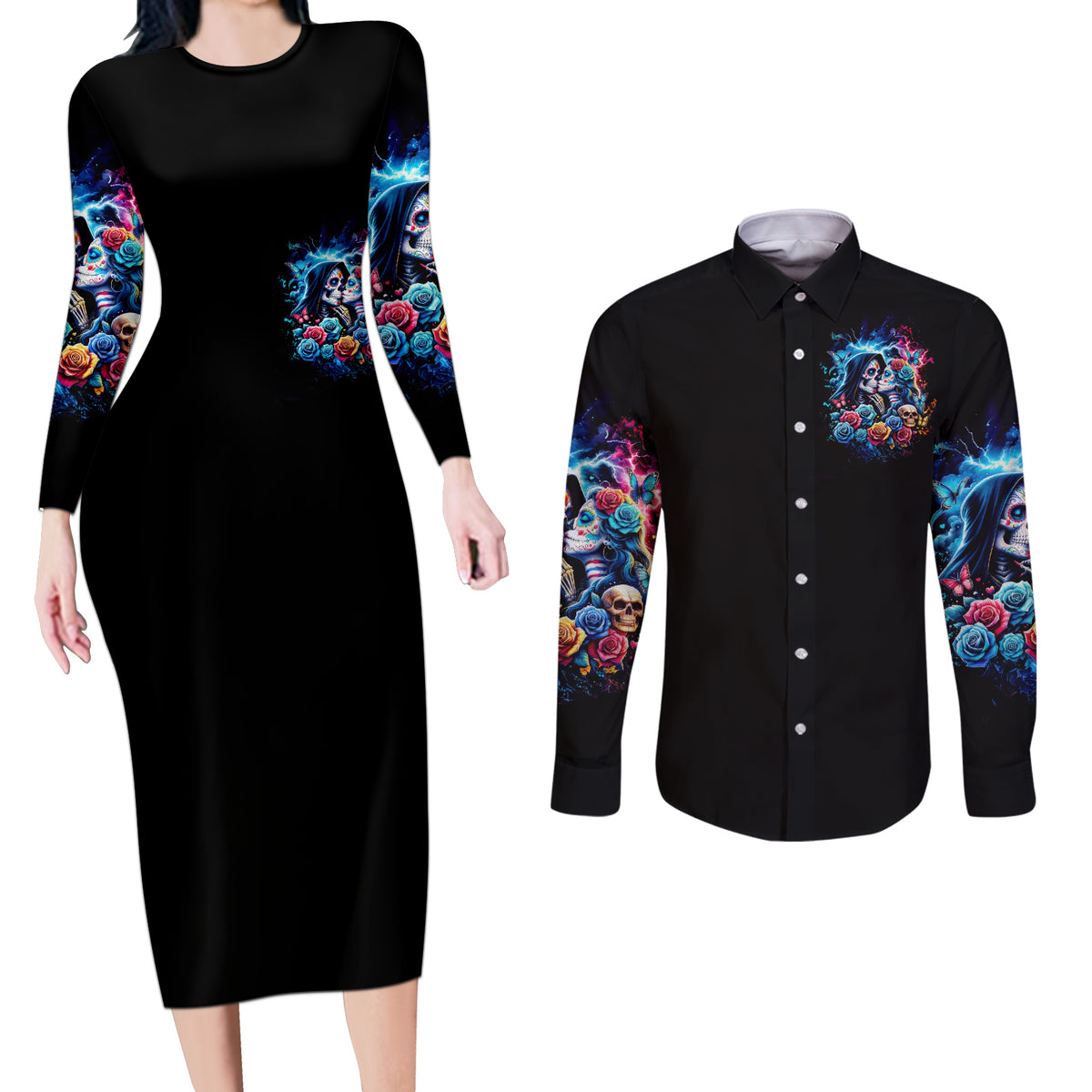 Couple Skull Couples Matching Long Sleeve Bodycon Dress and Long Sleeve Button Shirt It't You And Me Against The World Baby - Wonder Print Shop