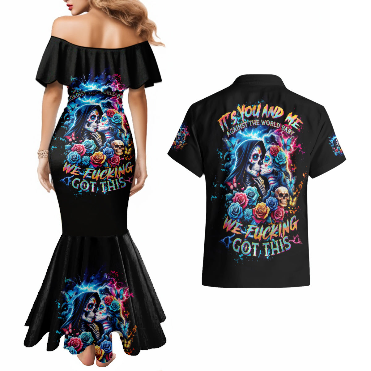 Couple Skull Couples Matching Mermaid Dress and Hawaiian Shirt It't You And Me Against The World Baby - Wonder Print Shop