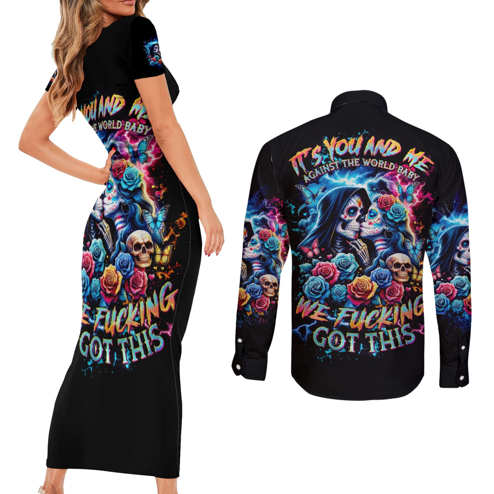 Couple Skull Couples Matching Short Sleeve Bodycon Dress and Long Sleeve Button Shirt It't You And Me Against The World Baby - Wonder Print Shop