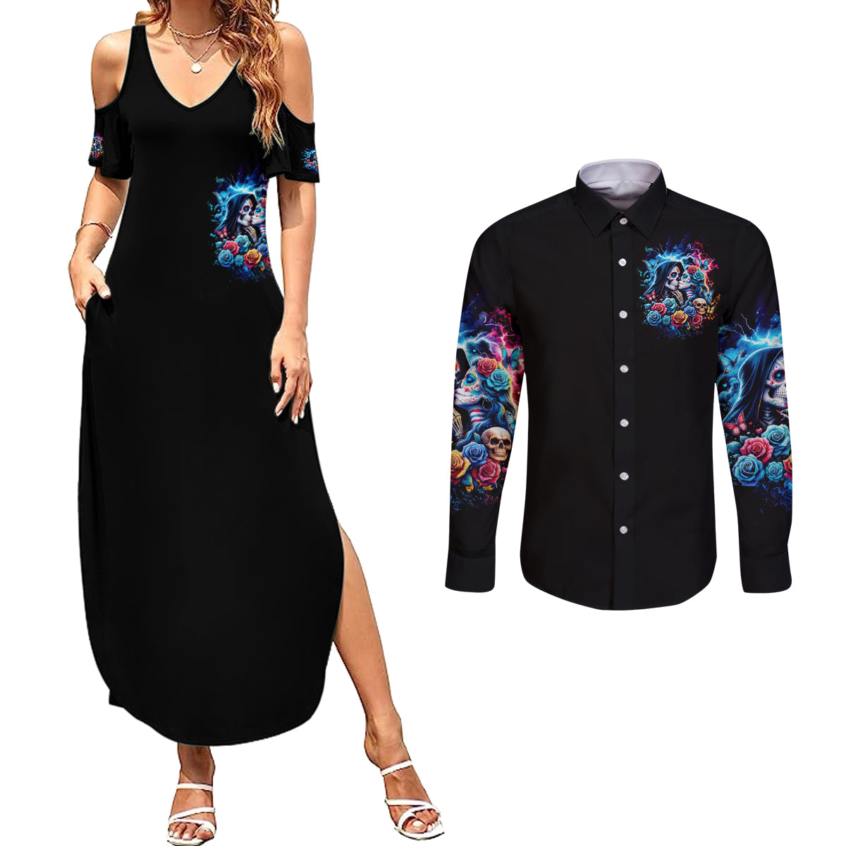 Couple Skull Couples Matching Summer Maxi Dress and Long Sleeve Button Shirt It't You And Me Against The World Baby - Wonder Print Shop