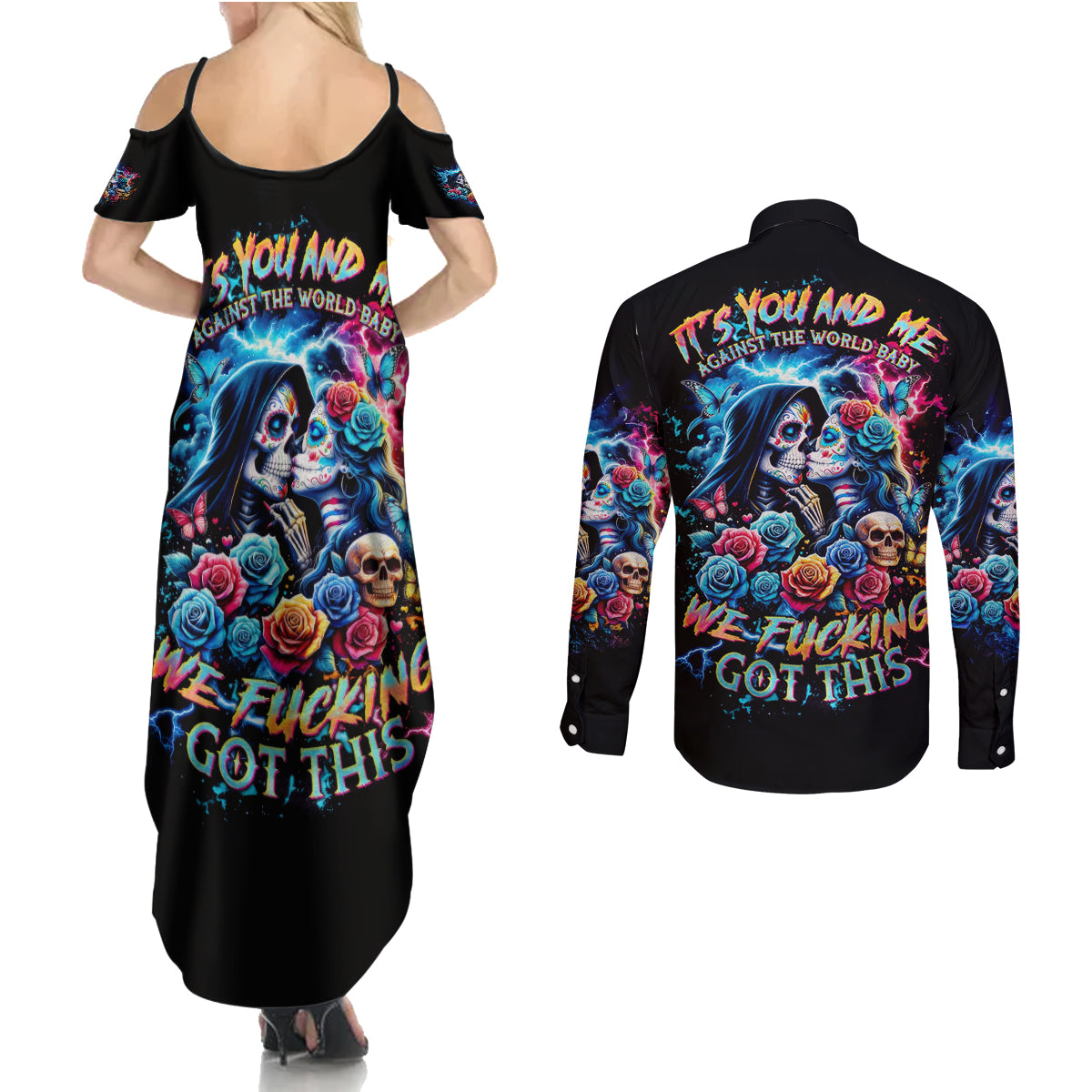Couple Skull Couples Matching Summer Maxi Dress and Long Sleeve Button Shirt It't You And Me Against The World Baby - Wonder Print Shop