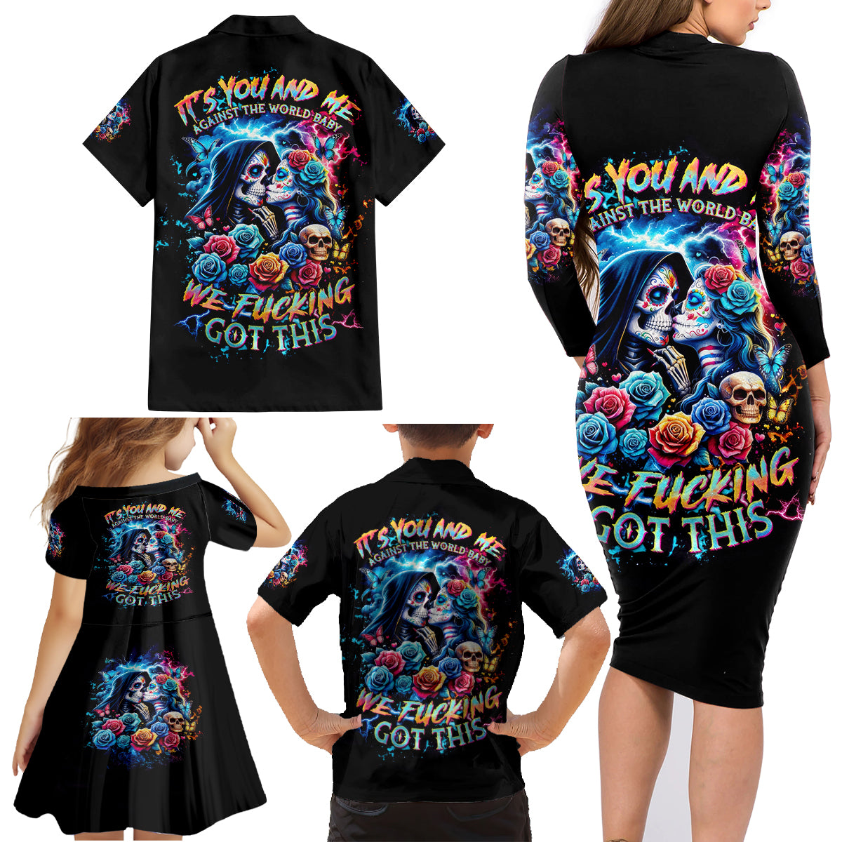 Couple Skull Family Matching Long Sleeve Bodycon Dress and Hawaiian Shirt It't You And Me Against The World Baby - Wonder Print Shop