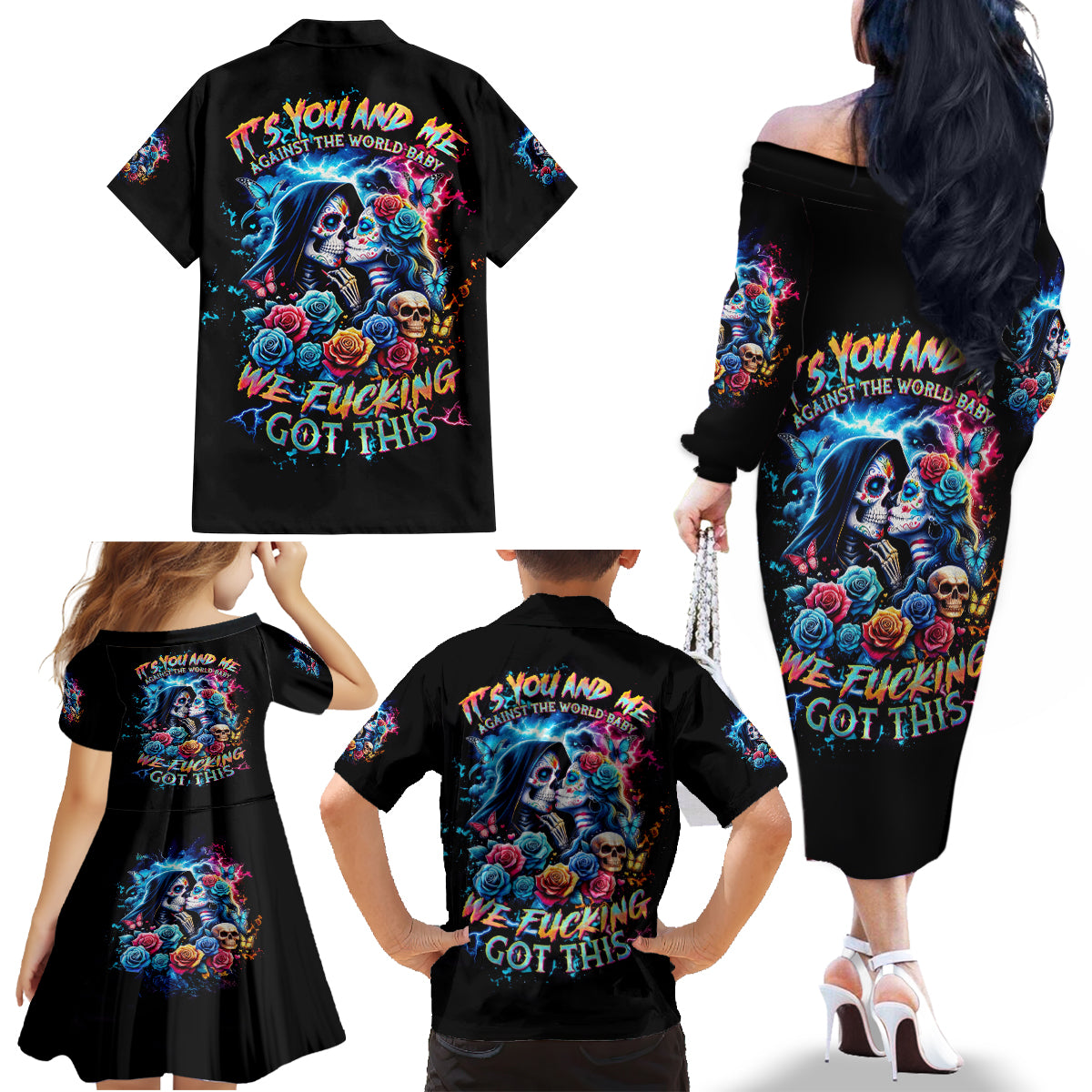 Couple Skull Family Matching Off Shoulder Long Sleeve Dress and Hawaiian Shirt It't You And Me Against The World Baby - Wonder Print Shop