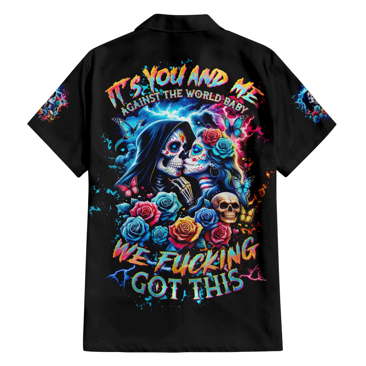 Couple Skull Family Matching Off Shoulder Long Sleeve Dress and Hawaiian Shirt It't You And Me Against The World Baby - Wonder Print Shop