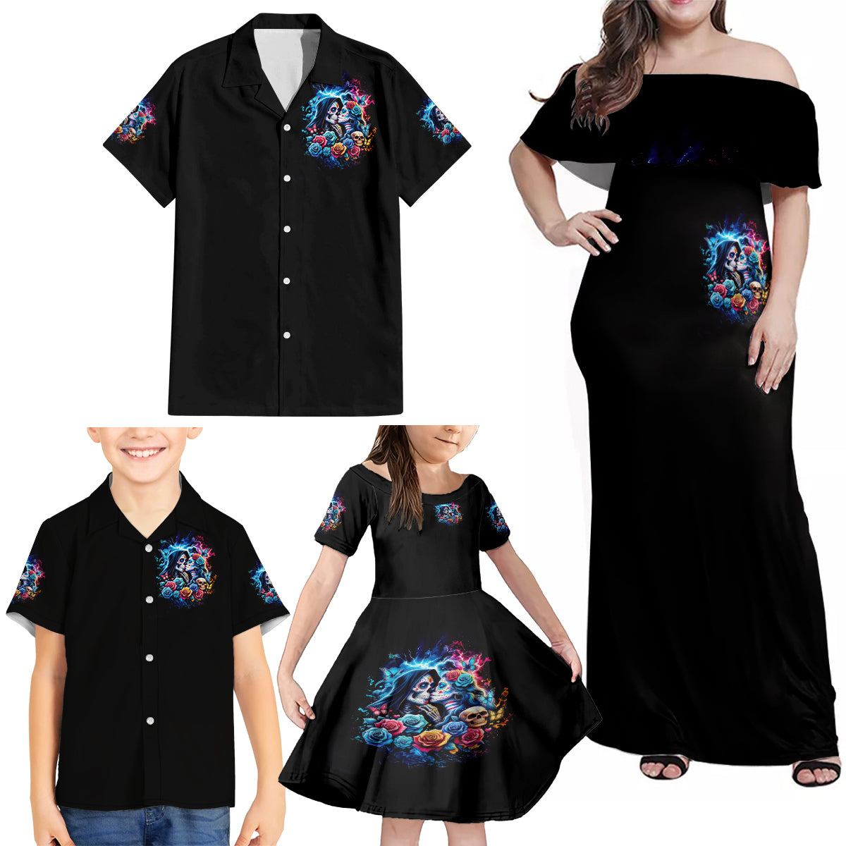 Couple Skull Family Matching Off Shoulder Maxi Dress and Hawaiian Shirt It't You And Me Against The World Baby - Wonder Print Shop