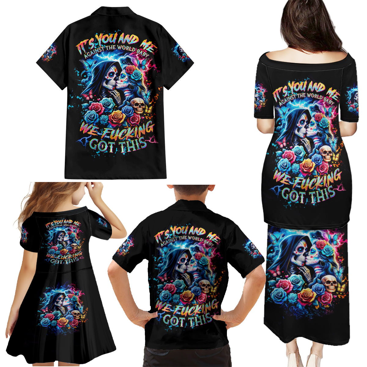 Couple Skull Family Matching Puletasi and Hawaiian Shirt It't You And Me Against The World Baby - Wonder Print Shop