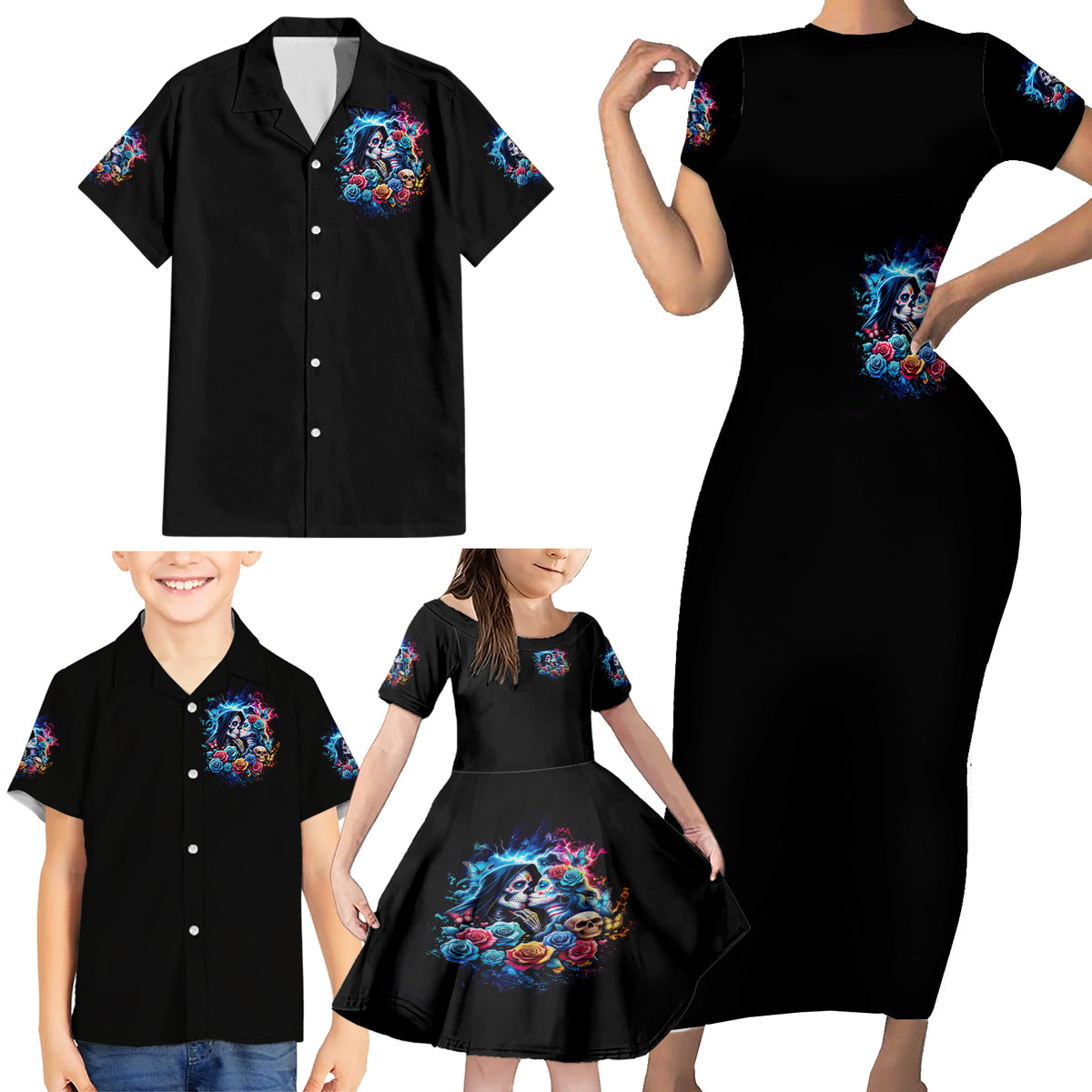 Couple Skull Family Matching Short Sleeve Bodycon Dress and Hawaiian Shirt It't You And Me Against The World Baby - Wonder Print Shop