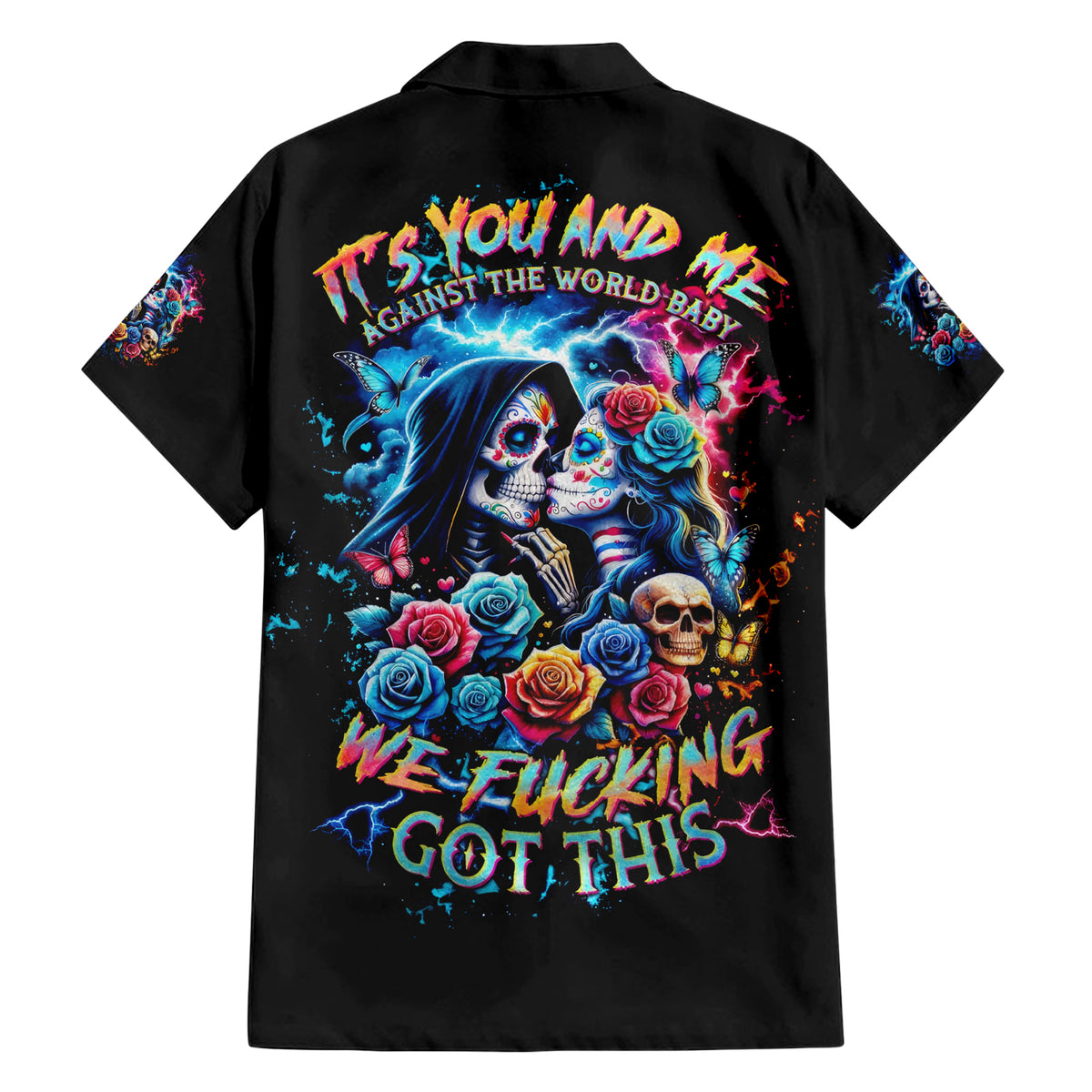 Couple Skull Family Matching Short Sleeve Bodycon Dress and Hawaiian Shirt It't You And Me Against The World Baby - Wonder Print Shop