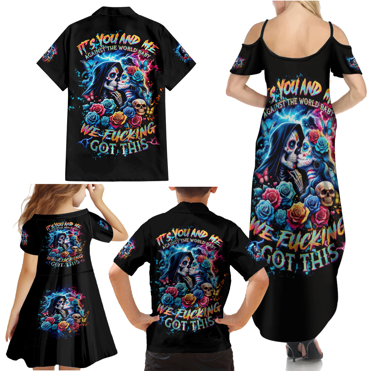 Couple Skull Family Matching Summer Maxi Dress and Hawaiian Shirt It't You And Me Against The World Baby - Wonder Print Shop