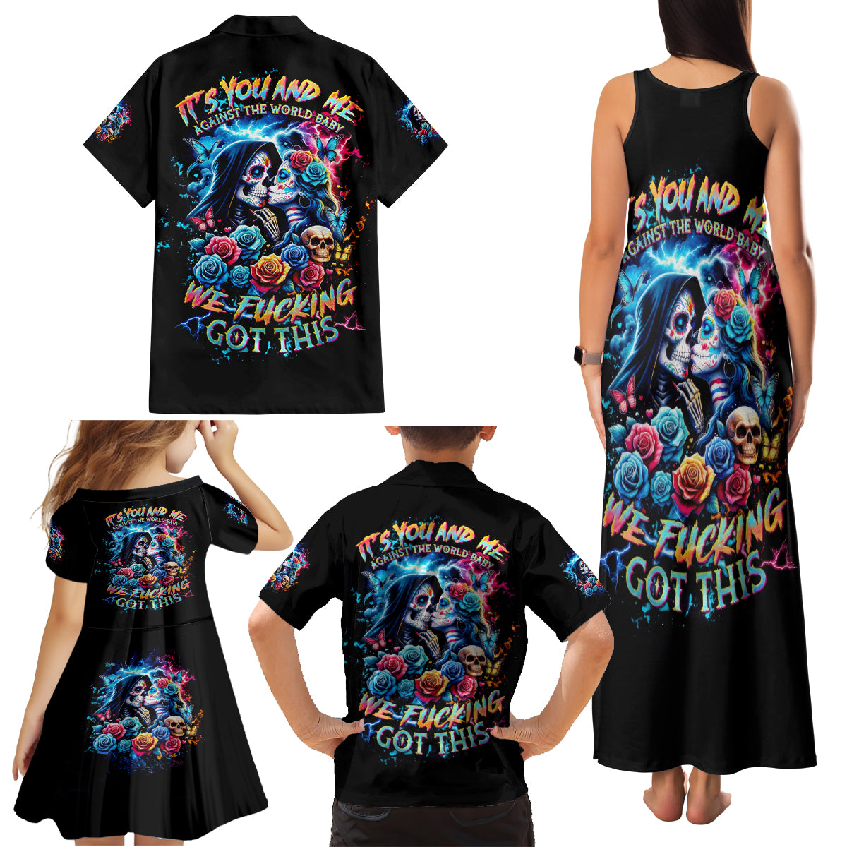 Couple Skull Family Matching Tank Maxi Dress and Hawaiian Shirt It't You And Me Against The World Baby - Wonder Print Shop