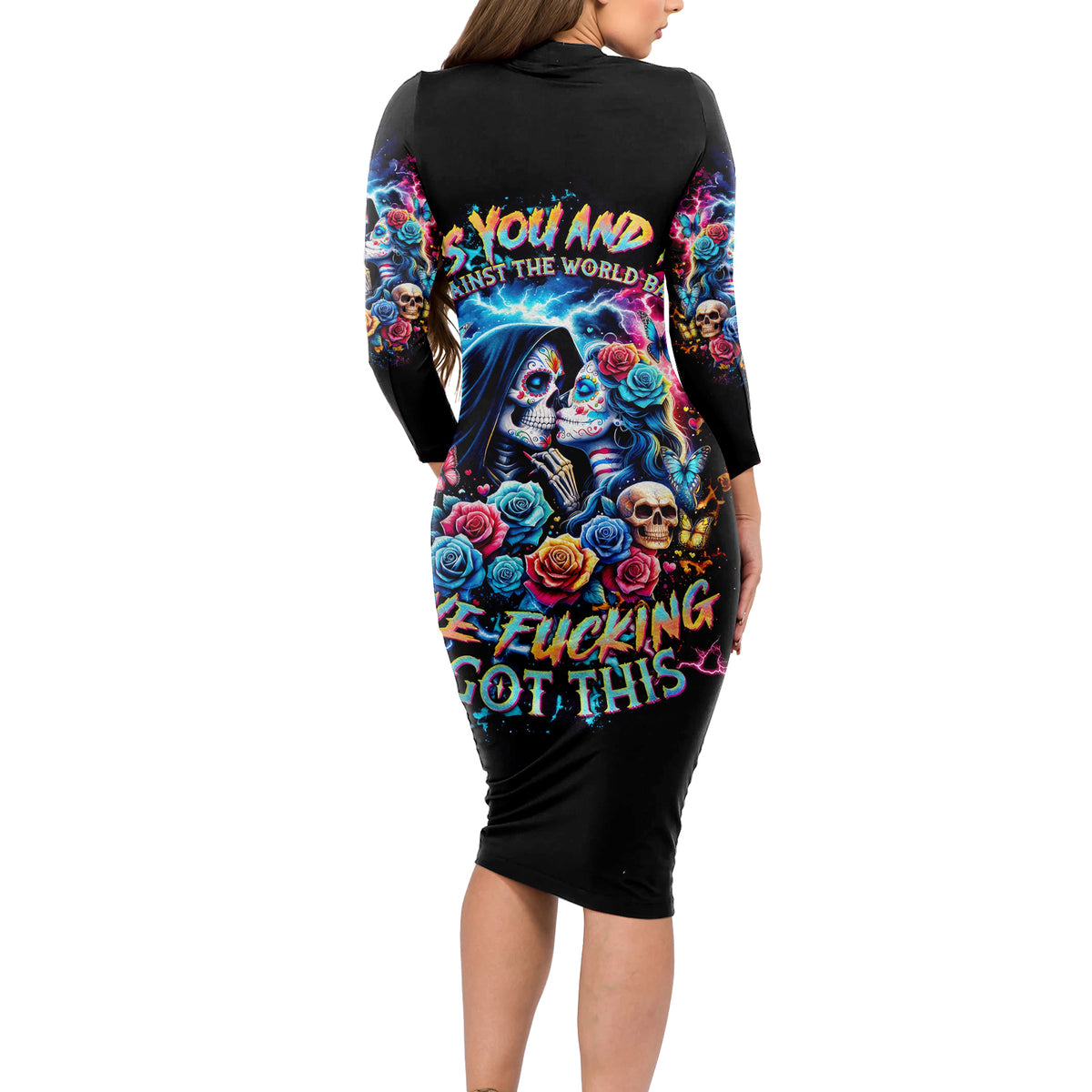 Couple Skull Long Sleeve Bodycon Dress It't You And Me Against The World Baby - Wonder Print Shop