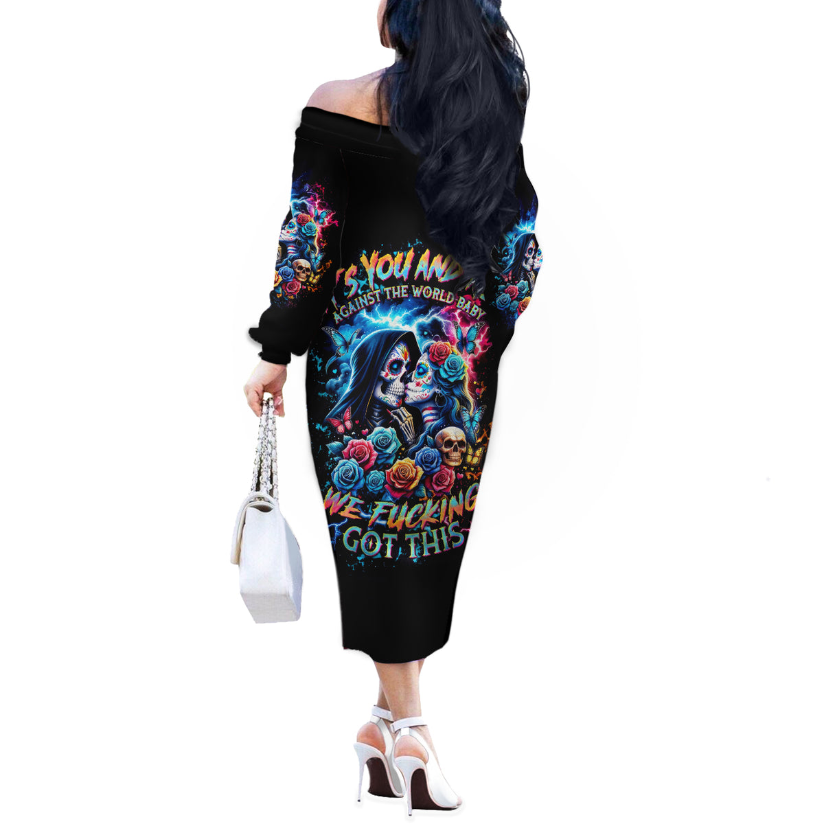 Couple Skull Off The Shoulder Long Sleeve Dress It't You And Me Against The World Baby - Wonder Print Shop